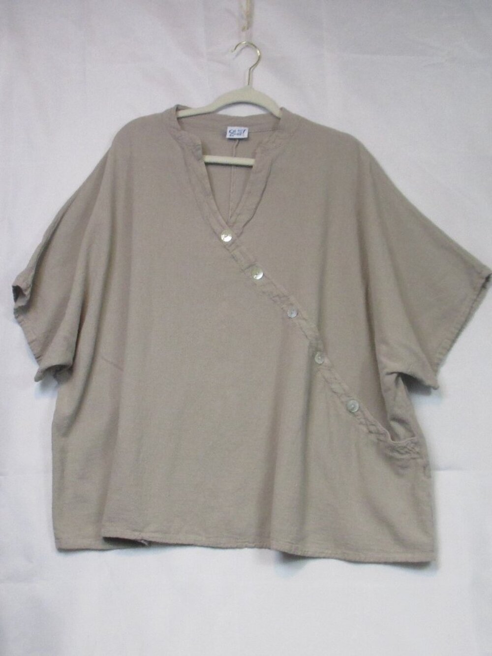 Oh My Gauze! Asymmetric Button Top 2 -L/XL Oversized Taupe Lagenlook Minimalist